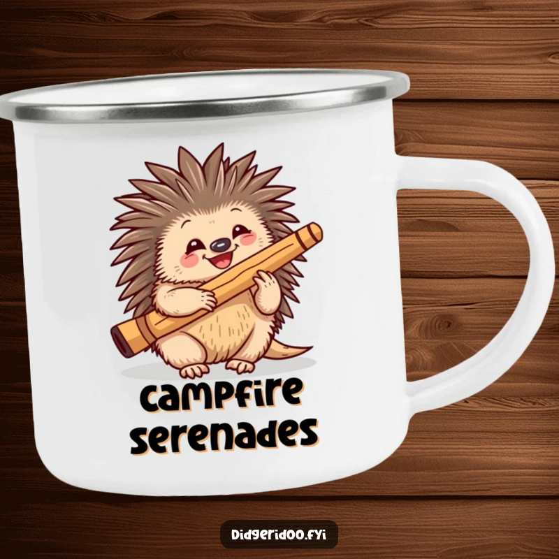 Funny playful echidna character happily playing a didgeridoo, on a camping mug, perfect for outdoor music fun.