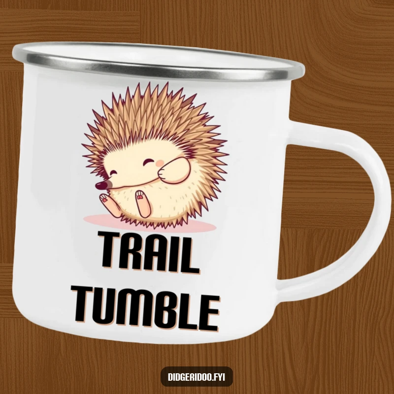 Funny Echidna Camping Mug: an echidna rolls playfully like a spiky ball, perfect for outdoor beverages with unique Australian humor.
