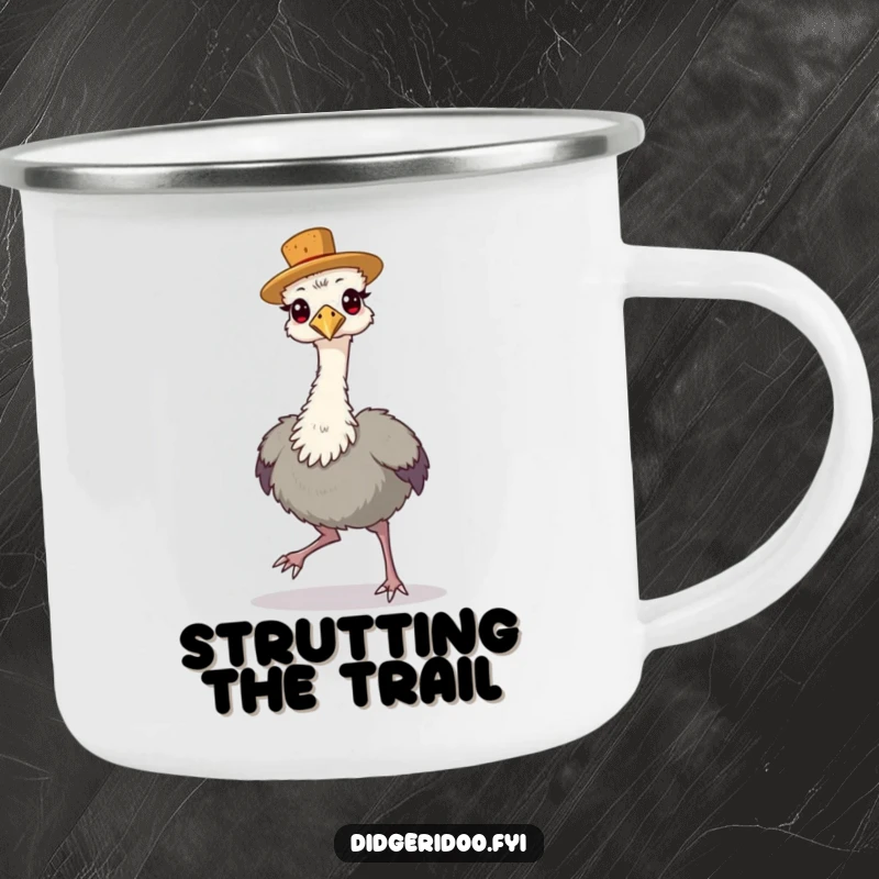 Funny Camping Mug with a proud emu wearing a tiny cork hat, strutting confidently.