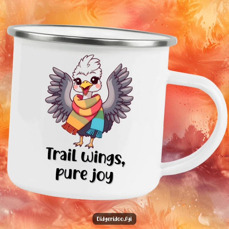 Funny Emu Camping Mug: Durable mug with a joyful emu in a scarf, flapping wings. Perfect for outdoor fun, great funny gift.