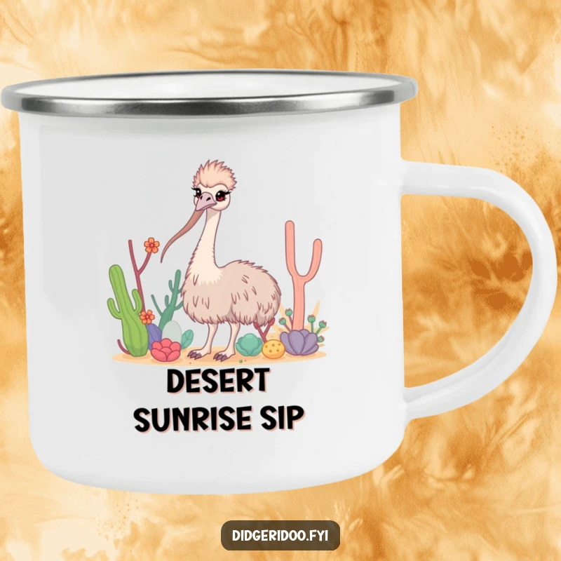Funny Emu Camping Mug showing a curious emu weaving through desert flora, ready for outdoor adventures.