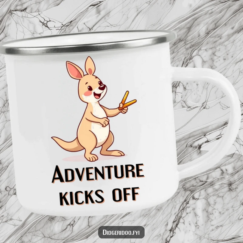 Funny kangaroo camping mug showing a happy character kicking a tiny boomerang, ideal for outdoor fun and carrying Aussie humor.