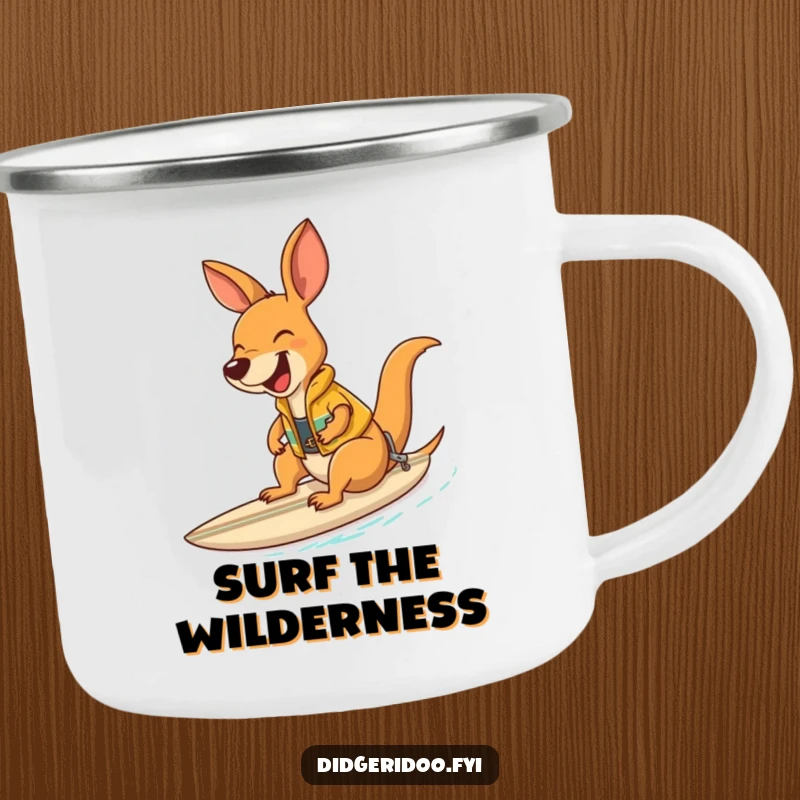 Funny kangaroo with a surf vest riding a surfboard, a durable and humorous camping mug.