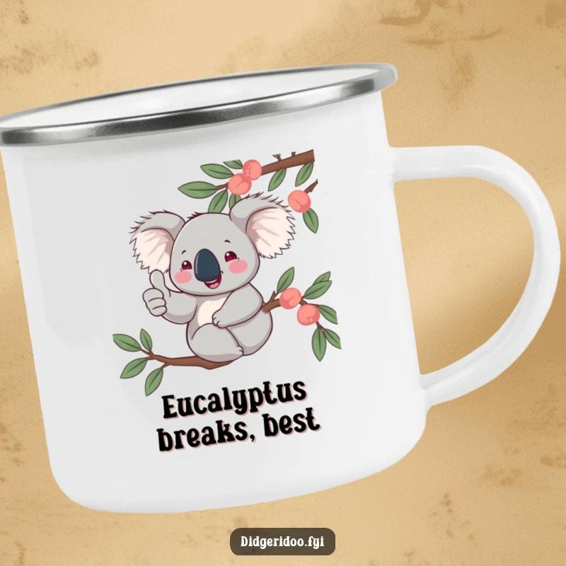 Funny, jovial koala character giving a thumbs up from a eucalyptus branch, ready for adventure on a durable camping mug.