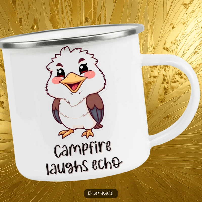 Funny kookaburra camping mug showing a grinning character with a wide, cheerful beak, perfect for outdoor fun and laughter.