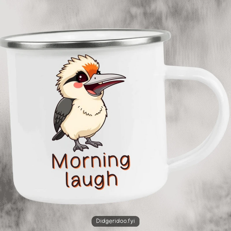 Funny startled but smiling kookaburra, letting out a joyful laugh, a durable and humorous camping mug for outdoor fun.
