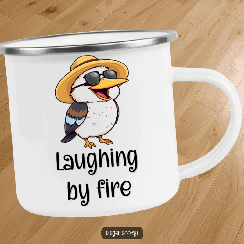 Funny Camping Mug with a cheerful kookaburra wearing a sun hat, laughing heartily.