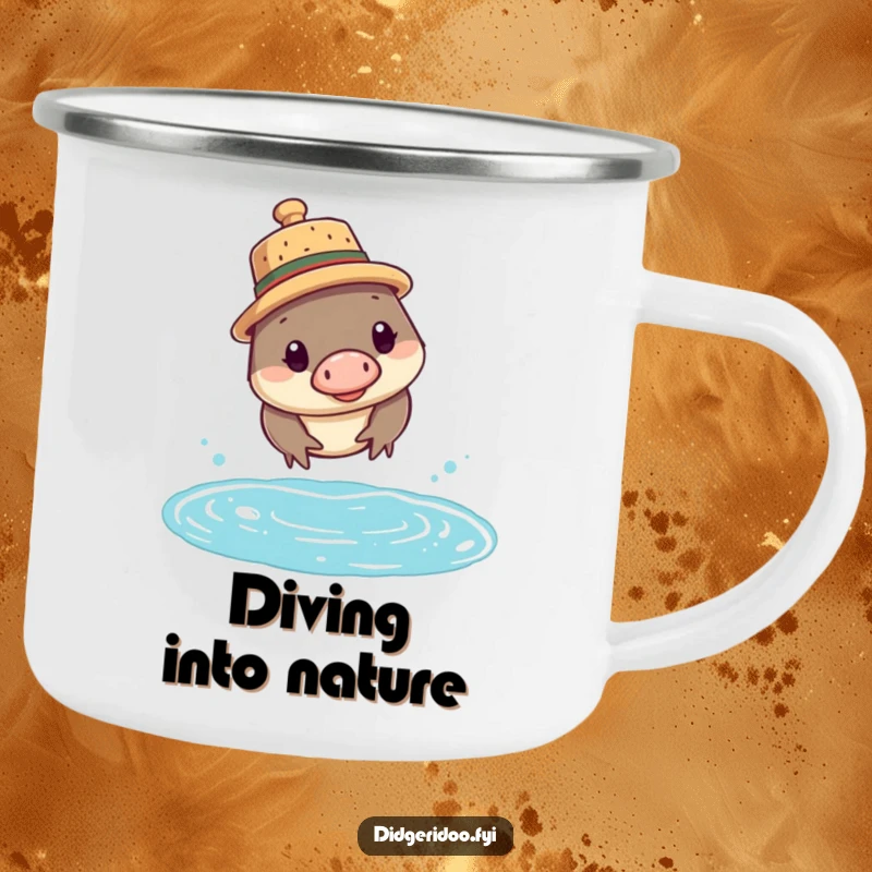 Funny platypus camping mug featuring a curious platypus in a cork hat, diving into water, ready for adventure.