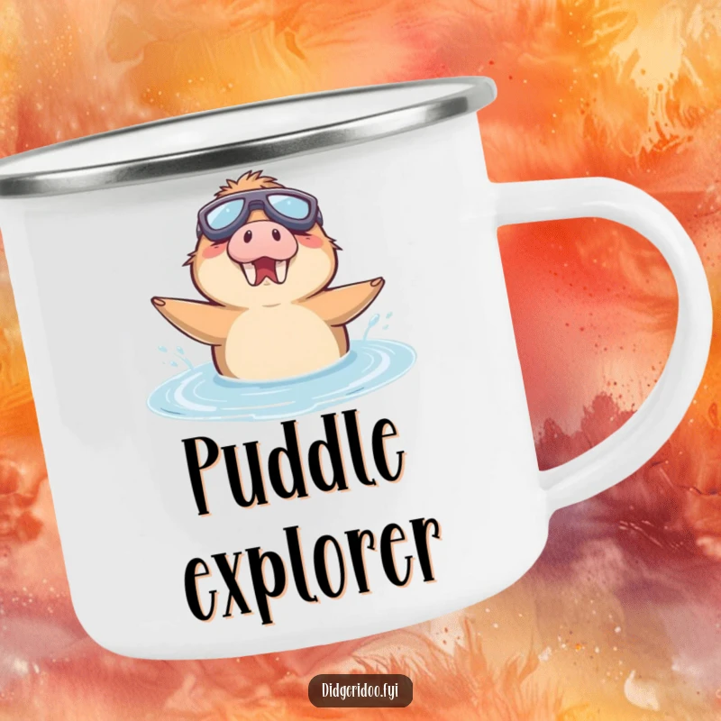 Funny Camping Mug with a delighted platypus wearing goggles, enthusiastically swimming in a puddle.