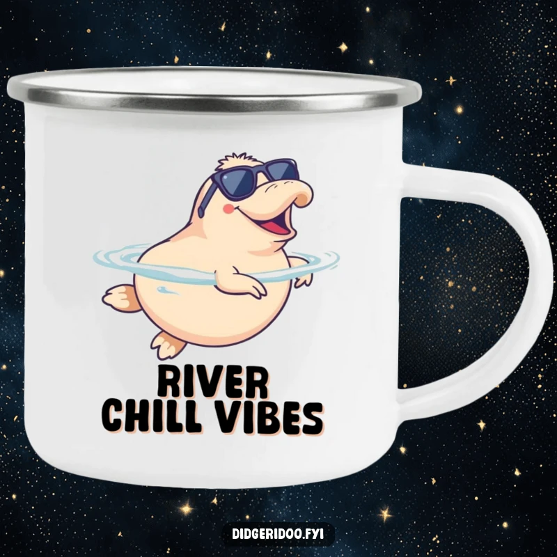 Funny Platypus Camping Mug wearing sunglasses, doing a happy synchronized swim, great for outdoor drinks and humorous aquatic vibes.