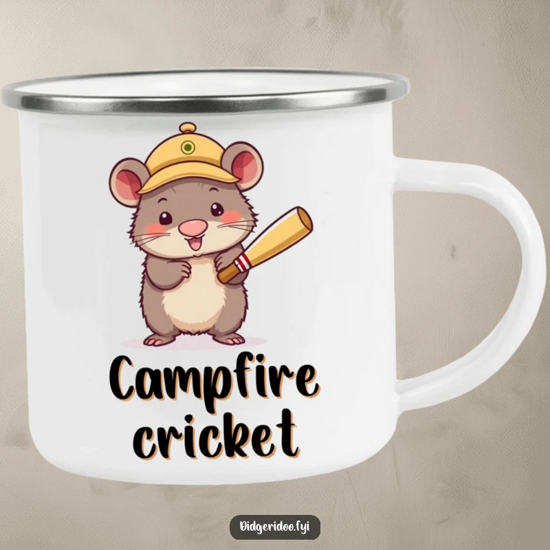 Funny Camping Mug depicting a wobbly wombat wearing a cricket cap, enthusiastically batting. A humorous and rugged mug for outdoor sports fans.