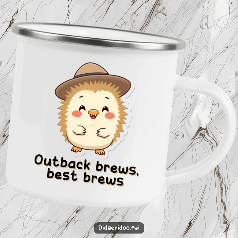 Funny, cheerful echidna character wearing a small Akubra hat, ready for adventure on a durable camping mug.