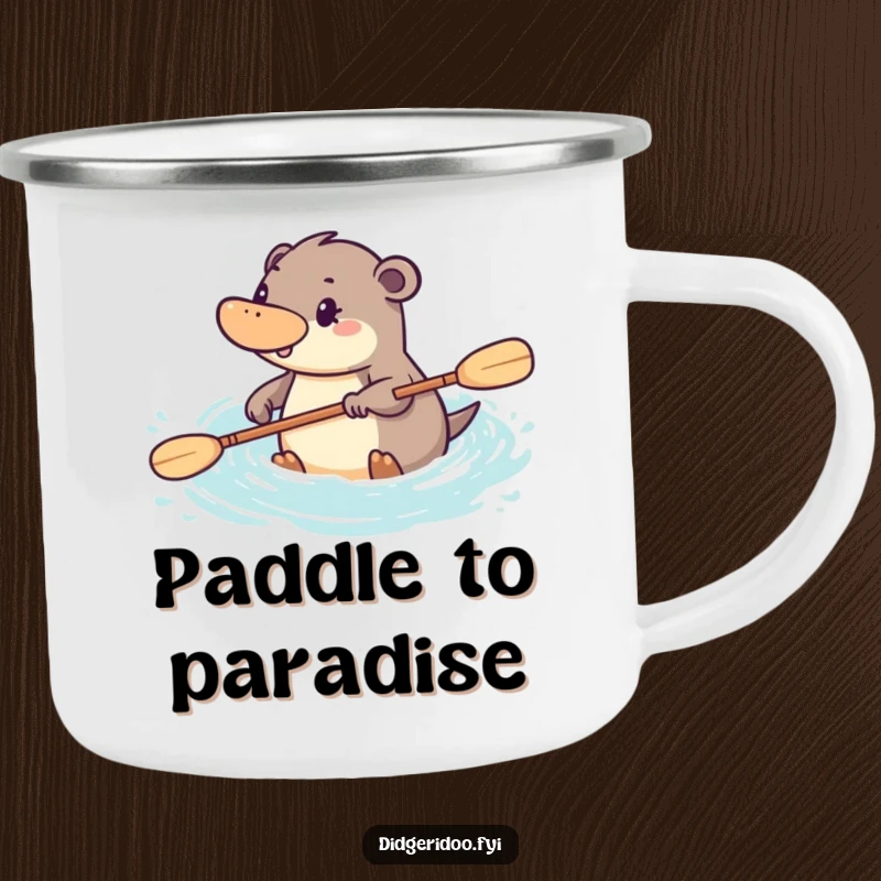 Funny platypus camping mug showing a determined character paddling energetically through stylized water, ideal for outdoor motivation.