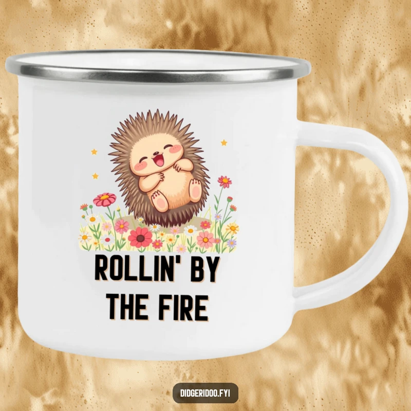 Funny Echidna Wildflower Camping Mug: A playful echidna rolls in wildflowers, perfect for sipping drinks on outdoor adventures.