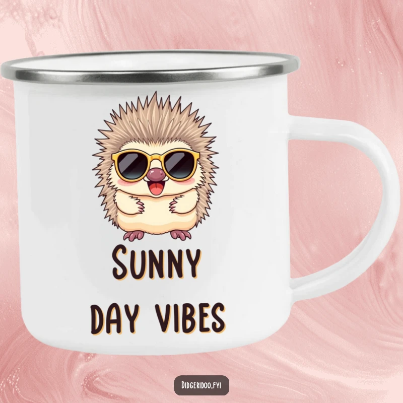 Funny echidna wearing stylish sunglasses, humorously enjoying a drink by a campfire, perfect for outdoor enthusiasts.