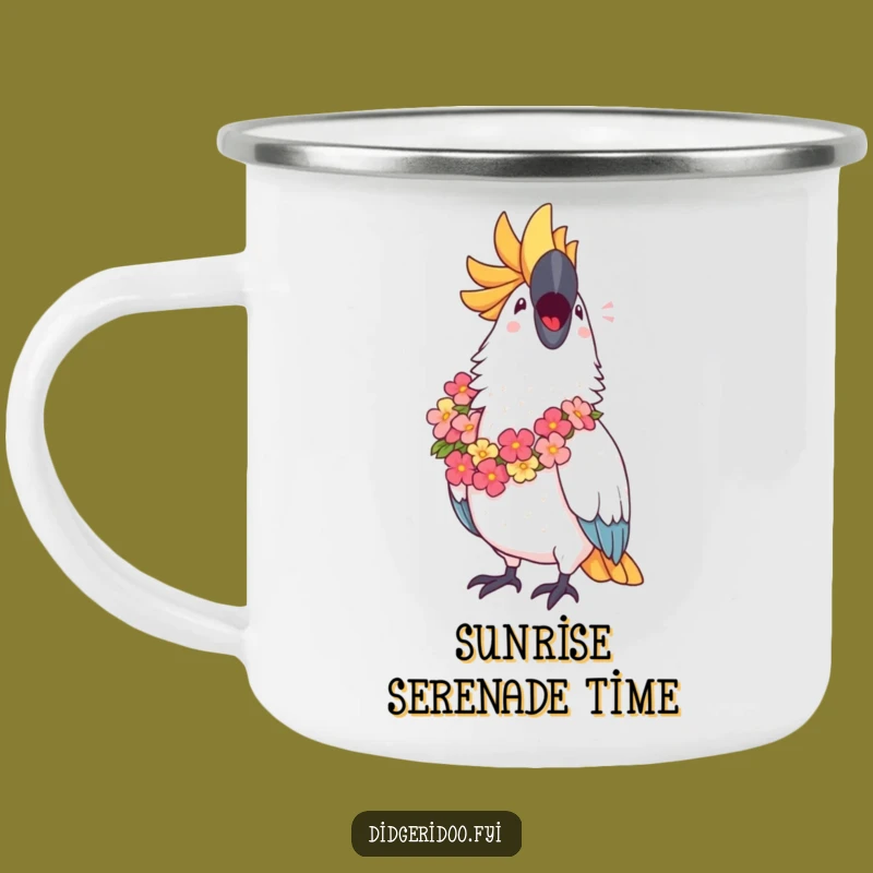 Funny Cockatoo Lei Camping Mug: Enjoy Your Brew with this Tropical Singer's Charm