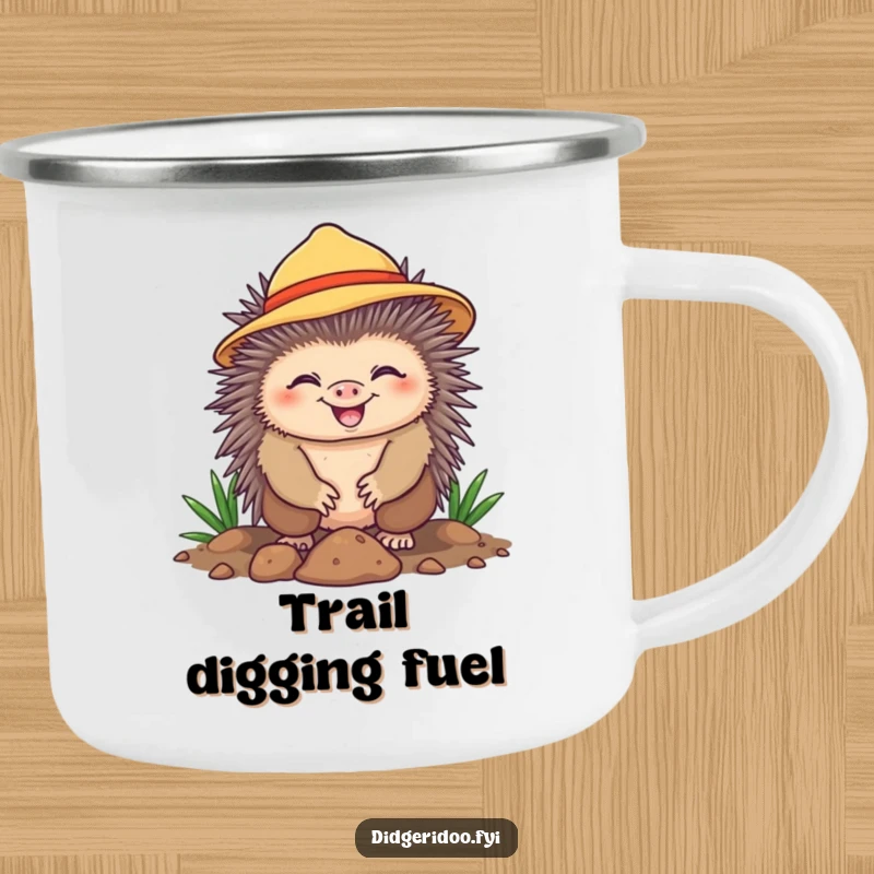 Funny Camping Mug depicting a cheerful echidna wearing a sun hat, happily digging with a grin. A humorous and cheerful mug for outdoor enthusiasts.