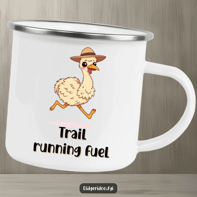 Funny camping mug with a smiling emu wearing a hat, running with long strides, perfect for outdoor enjoyment.