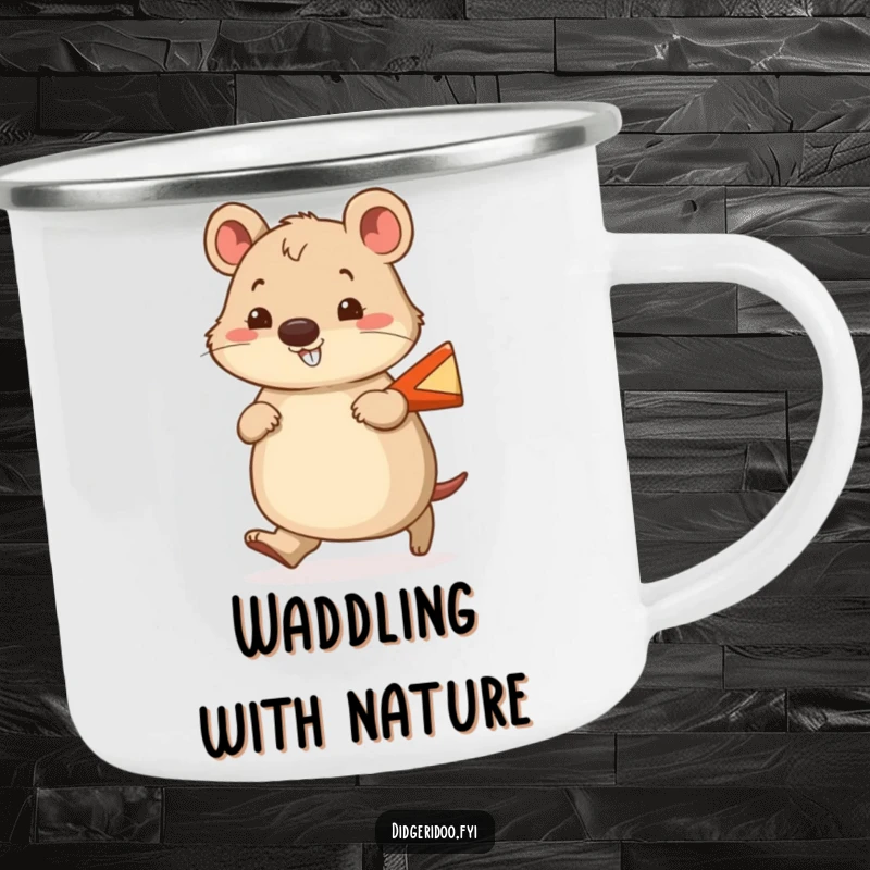 Funny wombat camping mug featuring a cheerful wombat waddling with a smile, carrying a tiny boomerang, for outdoor joy.