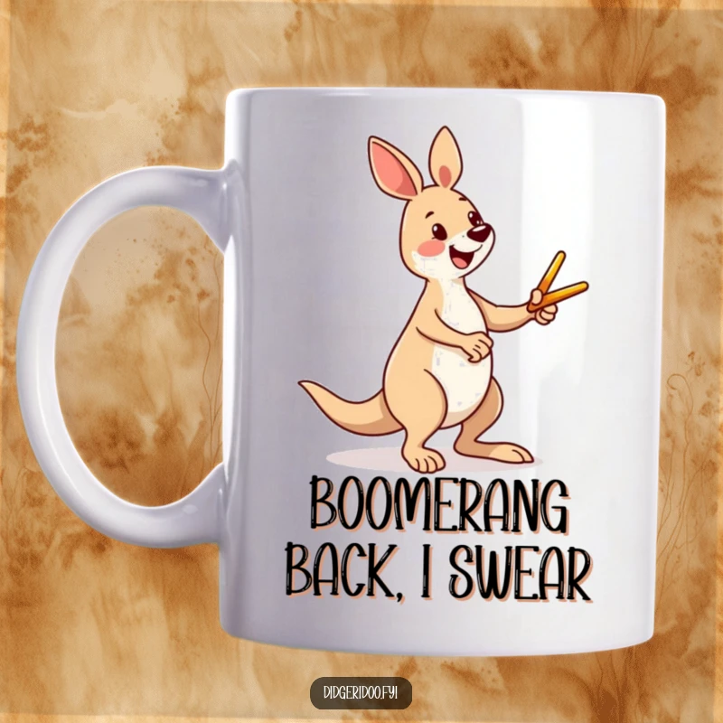 Funny kangaroo mug featuring a happy character enthusiastically kicking a tiny boomerang, embodying playful Aussie spirit and energetic fun.