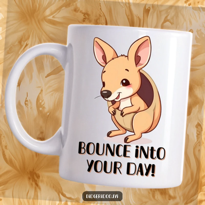 Funny Kangaroo Joey Mug peeking from a pouch, playfully bouncing with an energetic and cute Outback vibe.
