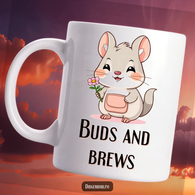 Funny Bilby Mug: A smiling bilby with a pouch gently offers a flower, embodying sweetness and kindness.