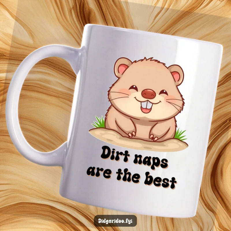 Funny wombat mug showing a cheerful animal happily burrowing with an unmistakable big, happy grin, radiating pure joy and earthiness.