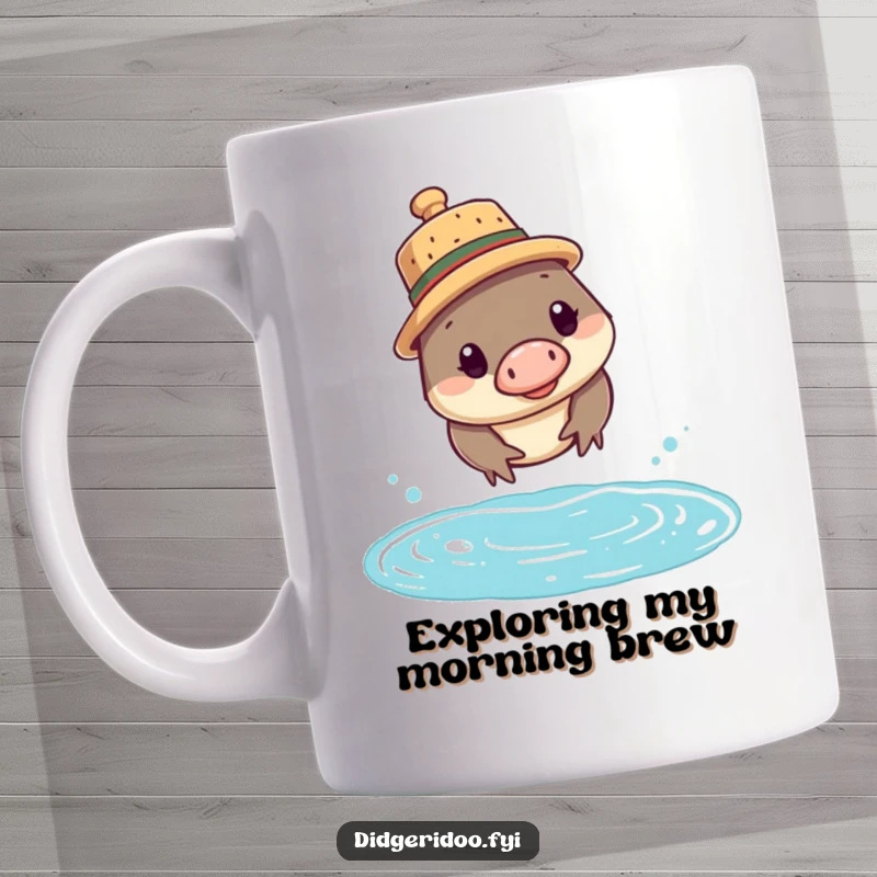 Funny platypus mug featuring a curious creature wearing a cork hat, diving into water with adventurous spirit.