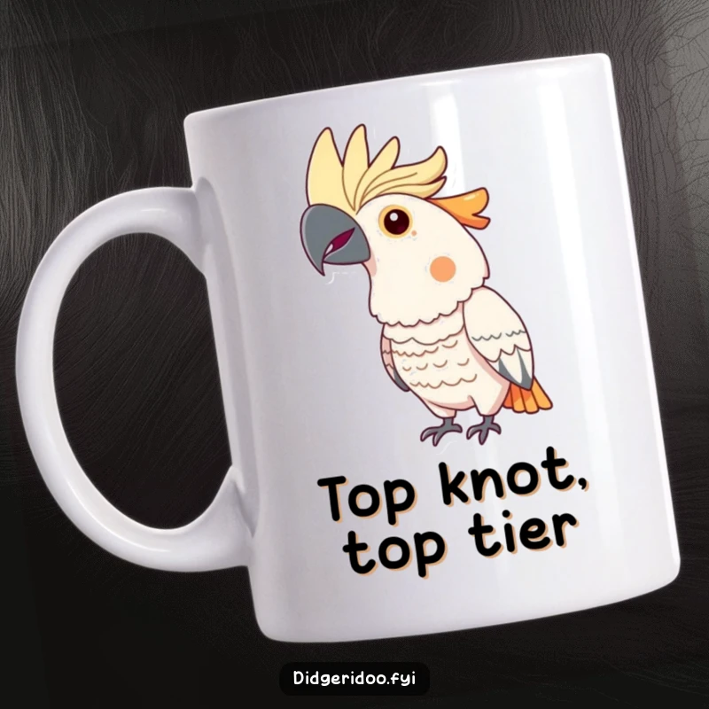 Funny cockatoo mug showing a proud bird with a bright crest, puffing its chest out assertively, exuding confidence and flair.