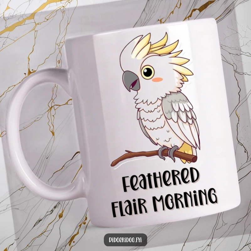 Funny Cockatoo Mug: A curious cockatoo adorned with a colorful feather boa perches regally and lets out a comical squawk.