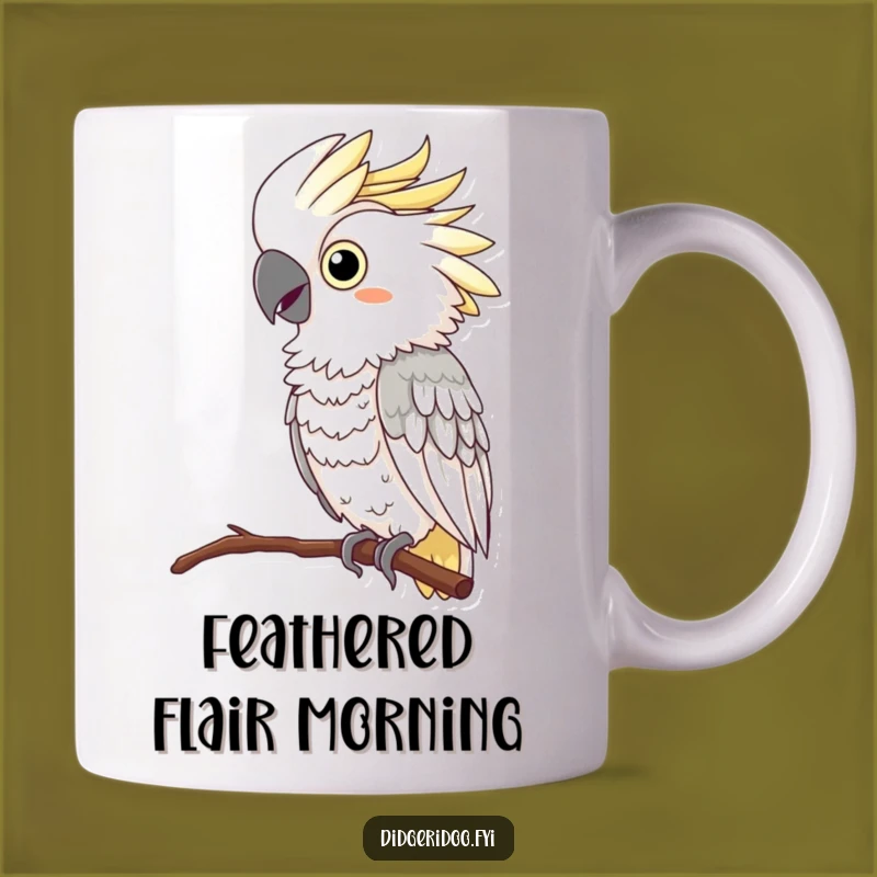 Funny Cockatoo Squawking Mug: Curious cockatoo with feather boa squawking, a delightful and funny gift.