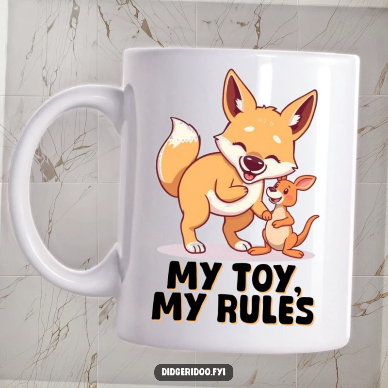Funny Dingo Mug: A proud dingo excitedly plays fetch with a small kangaroo toy, radiating pure joy and playful energy.