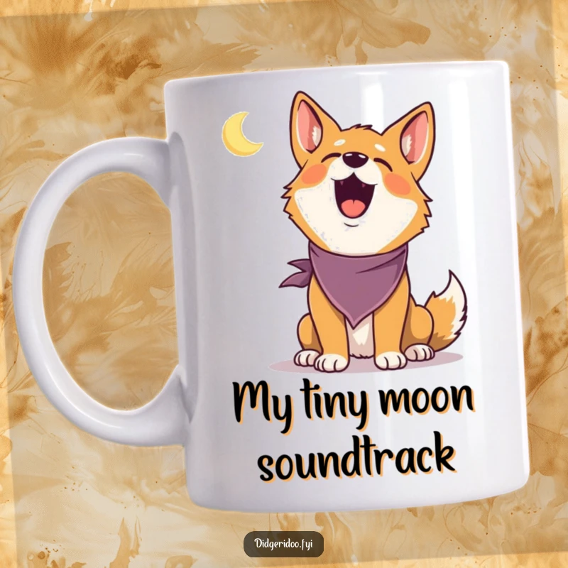 Funny Dingo Mug: A delighted dingo in a bandana joyfully howls at a small, distant moon, embodying pure, humorous canine spirit.