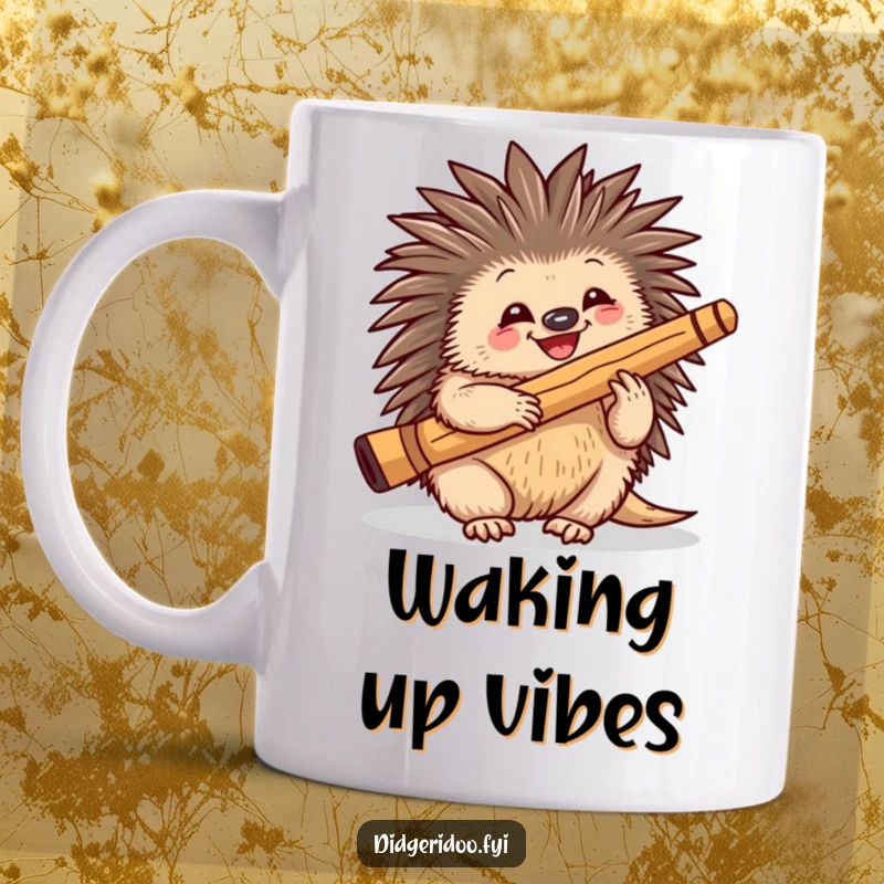 Funny playful echidna character happily playing a didgeridoo on a mug, showcasing Australian humor and music.