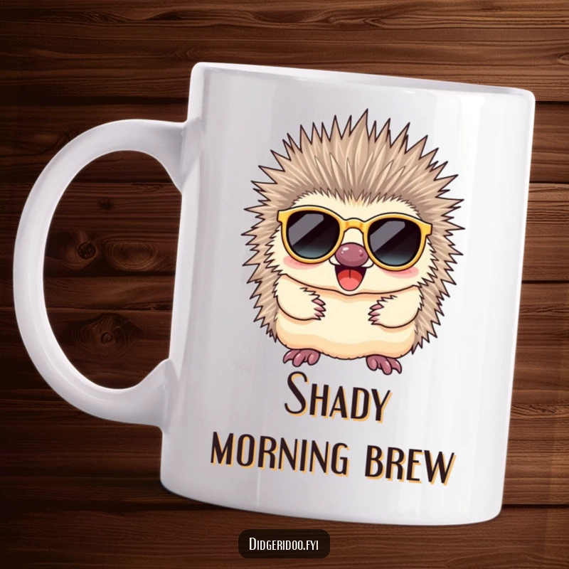 Funny echidna with spiky quills, wearing cool dark sunglasses, exuding a hilariously confident and relaxed personality.