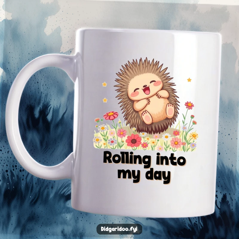 Funny Echidna Wildflower Mug: A playful echidna rolling joyfully amidst a vibrant field of colorful wildflowers.