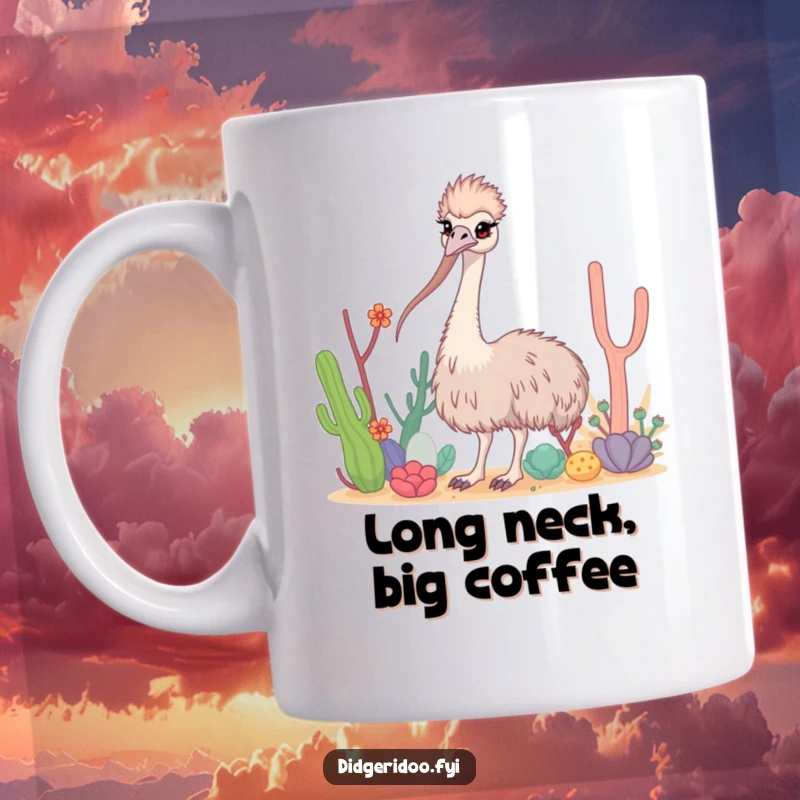 Funny Emu Desert Mug featuring a curious emu with a long neck, weaving through stylized desert flora.