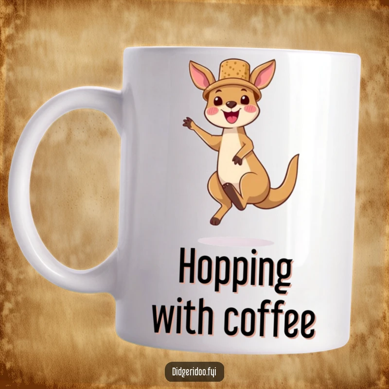 Funny kangaroo mug with a tiny cork hat, joyfully jumping high, embodying Australian adventure and energetic, cheerful vibes.