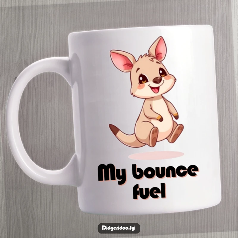 Funny Kangaroo Cub Mug featuring a cute joey mid-bounce with a wide, enthusiastic grin, perfect for animal lovers.