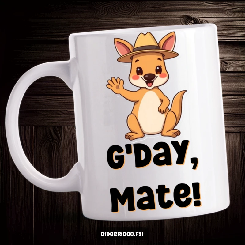 Funny Mug: A happy kangaroo wearing a tiny Akubra hat waves hello, a cheerful and humorous Aussie greeting.