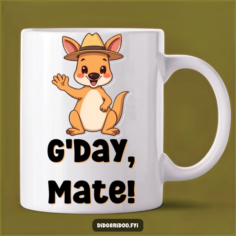 Funny Kangaroo Mug: Happy Aussie Waving with Akubra, Perfect Outback Gift
