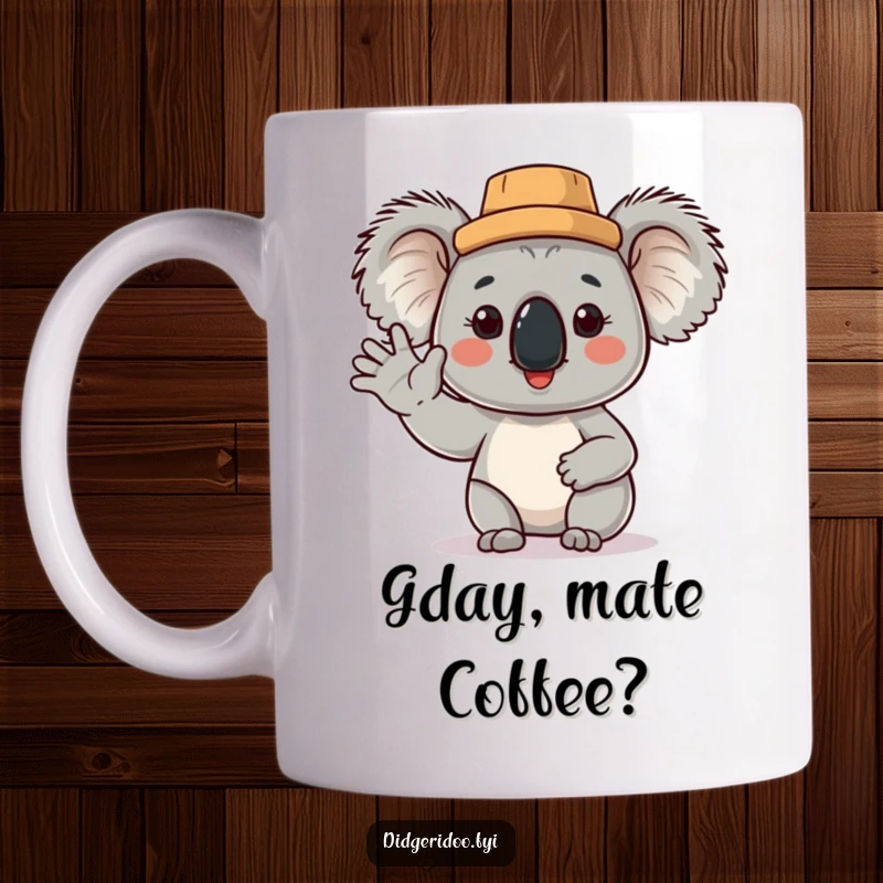 Funny Koala Mug with a cork hat waving cheerfully, embodying a proud and happy Australian spirit, perfect for gift-givers seeking humor.