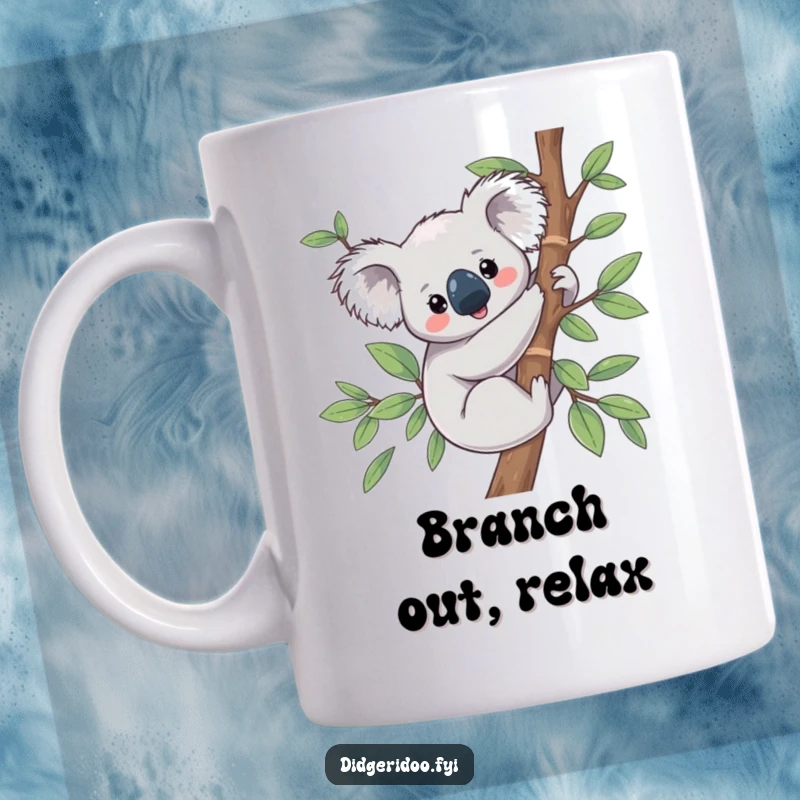 Funny Koala Mug featuring a content, happy koala clinging blissfully to a eucalyptus branch, radiating peace.