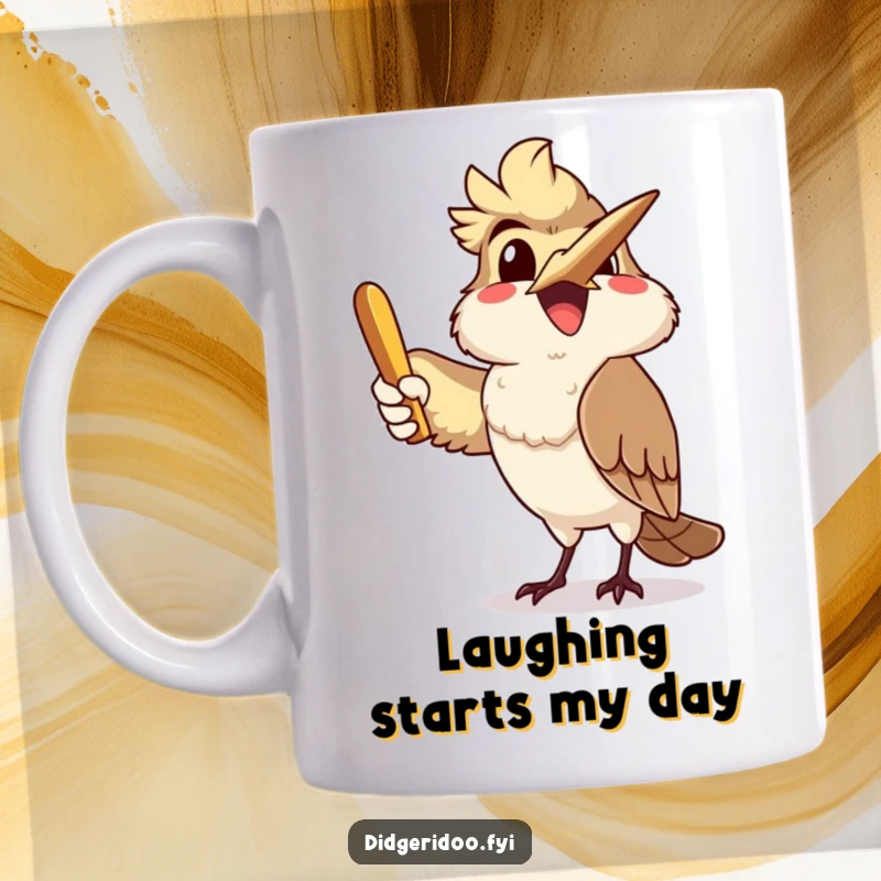 Funny kookaburra character smiling widely while throwing a boomerang, captured on a mug, embodying pure joy and Aussie spirit.