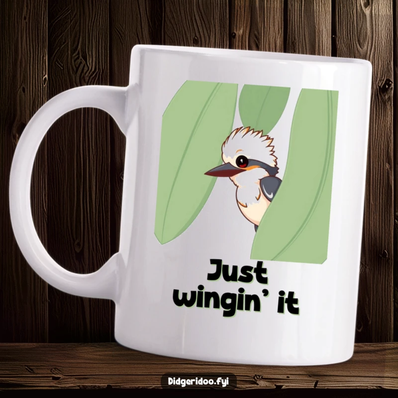 Funny kookaburra mug, curious bird peeking from behind a eucalyptus leaf, nature lover gift, hilarious wildlife humor.