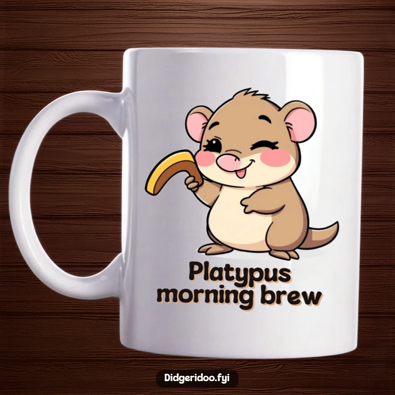 Funny platypus mug, winking playfully while holding a small boomerang, embodying quirky Australian charm and cheerful, adventurous spirits.