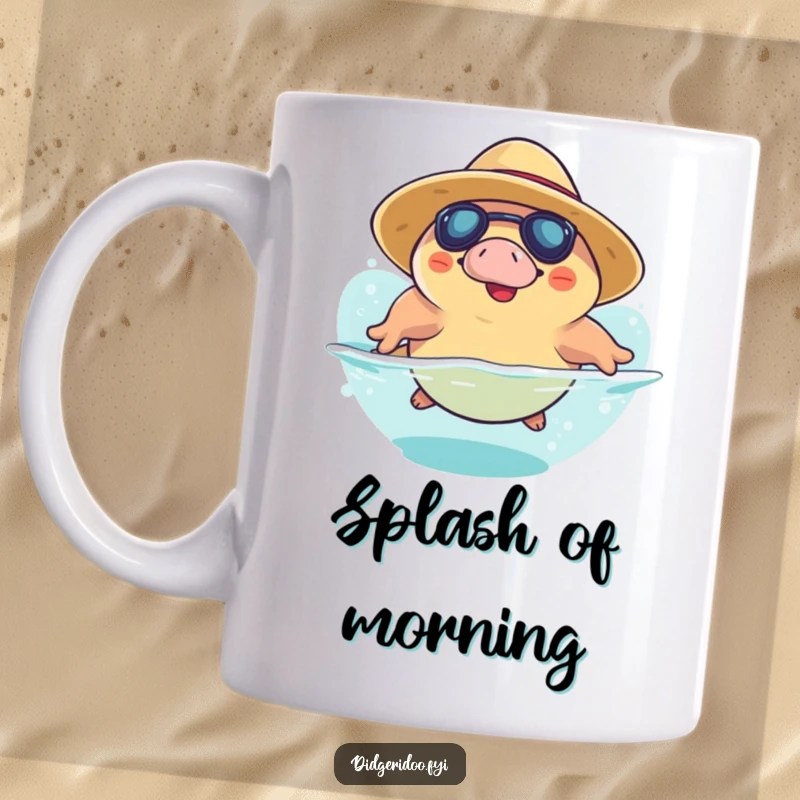 Funny Platypus Mug: a smiling platypus in a sun hat playfully dives, bringing aquatic humor and a cheerful vibe to your drinkware.