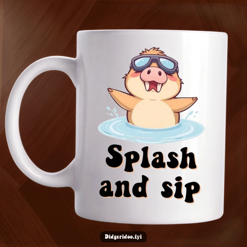 Funny Mug featuring a delighted platypus wearing goggles, enthusiastically swimming in a puddle.