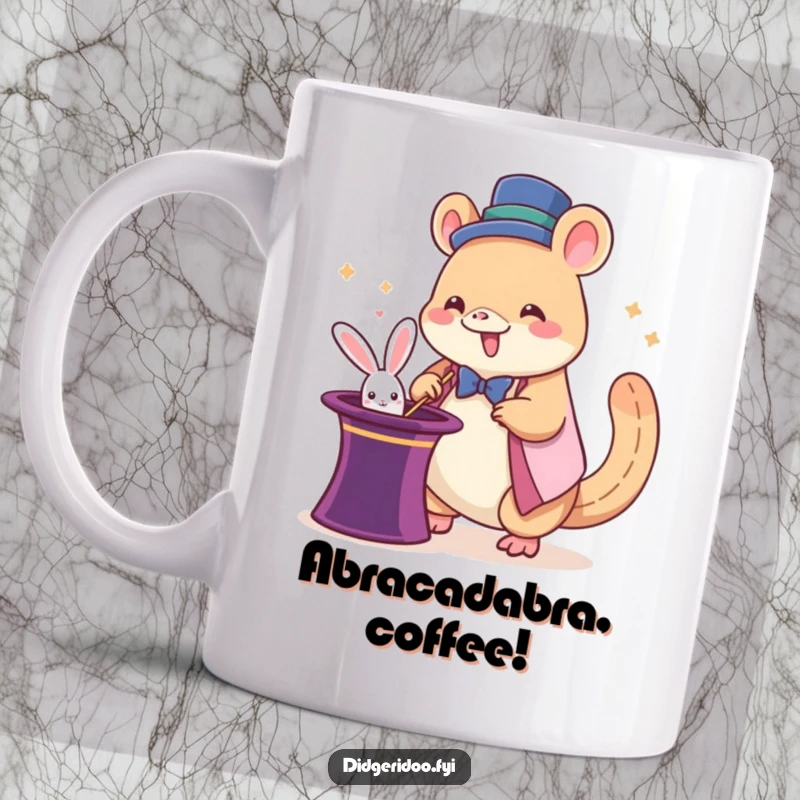 Funny platypus magician mug featuring a giddy cartoon platypus pulling a rabbit from a hat, a humorous magic-themed gift.