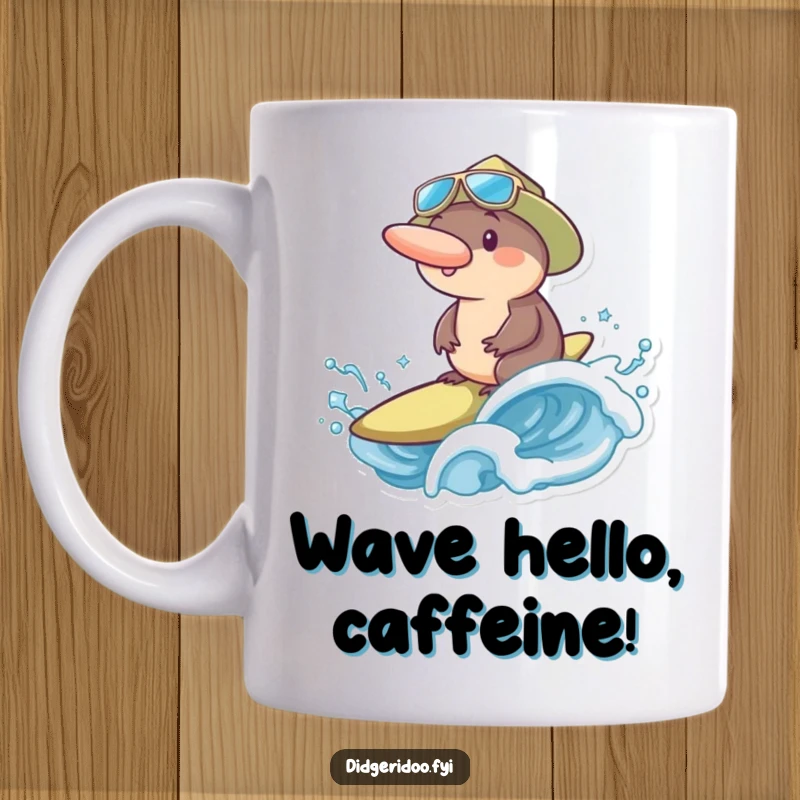 Funny platypus wearing a surf hat expertly riding a big blue wave, conveying a sense of adventurous and humorous joy.